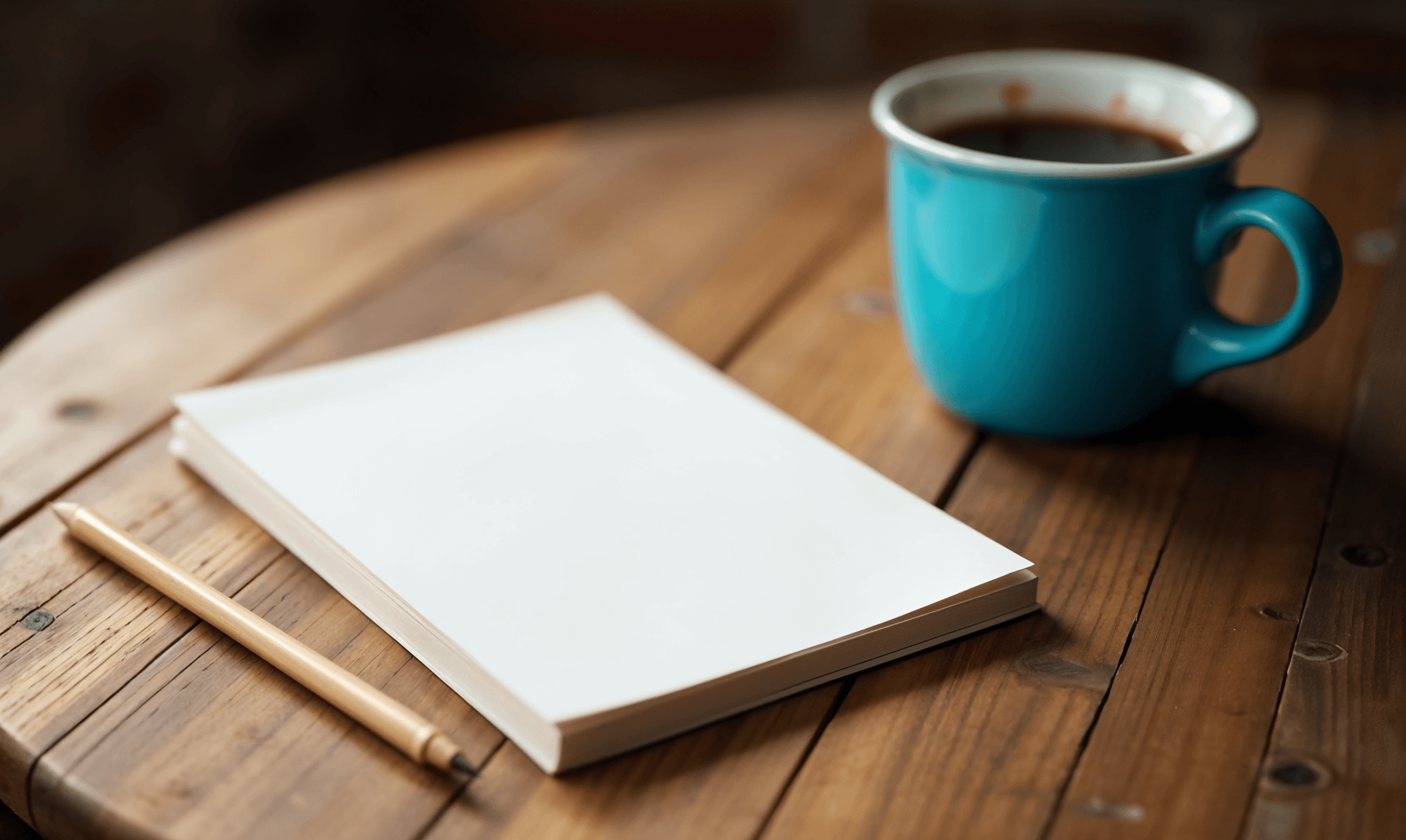 Un cuaderno en blanco, un lápiz de madera y una taza azul sobre una mesa de madera.