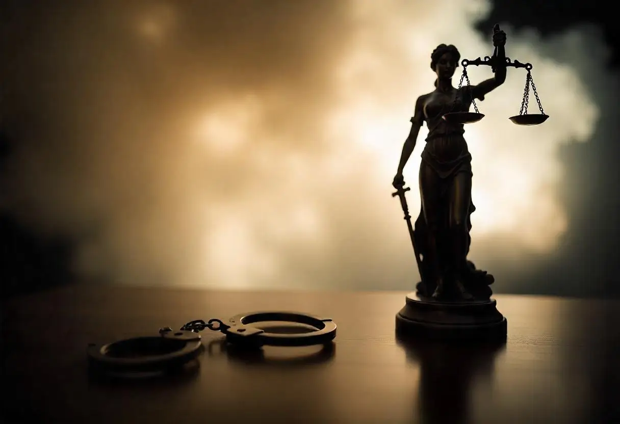Silueta de la estatua de Lady Justice sosteniendo una balanza y una espada, con esposas sobre una mesa, contra un fondo borroso. Delito provocado.