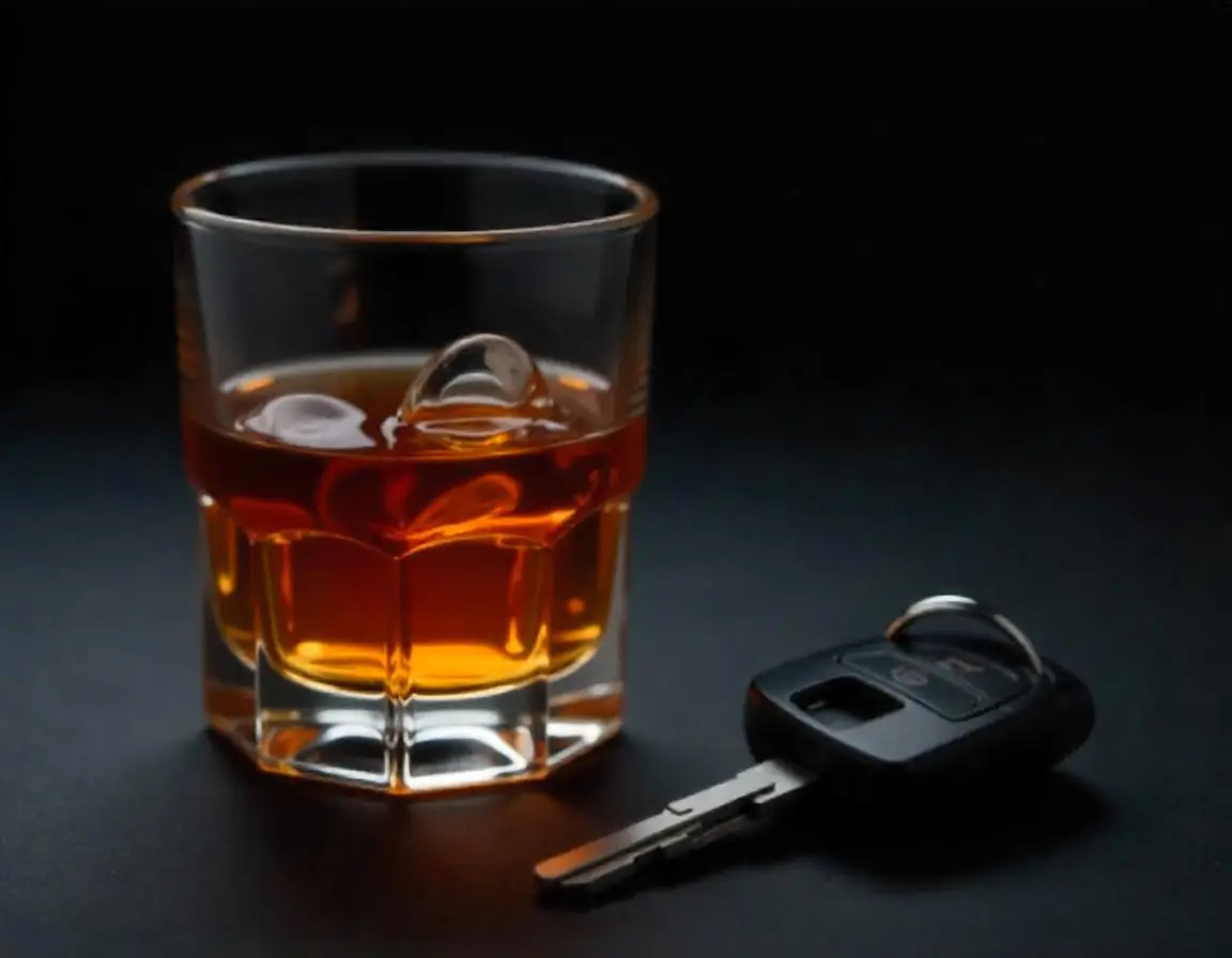 Un vaso de líquido ámbar con hielo está al lado de una llave de coche sobre una superficie oscura. Delito contra la Seguridad Vial